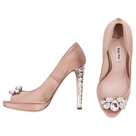 Miu Miu-Miu Miu peeptoe pumps in pink satin with crystal heels and fronts-Pink