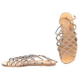 Brunello Cucinelli cage sandals in tan leather with silver Monili beads  Silvery Metallic