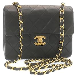 Chanel-CHANEL Mini Matelasse Chain Flap Shoulder Bag Lamb Skin Black Gold Auth 28878-Black,Golden