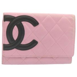 CHANEL Matelasse Cambon Line Wallet Lamb Skin Pink CC Auth 28860 Pink