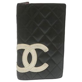 CHANEL Cambon Line Long Wallet Lamb Skin Black Pink CC Auth yk4081 Black Pink