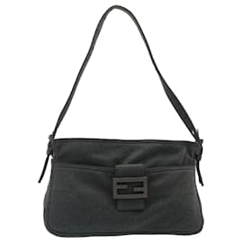 Fendi-FENDI Mamma Baguette Shoulder Bag Cotton Gray Auth ki1595-Grey