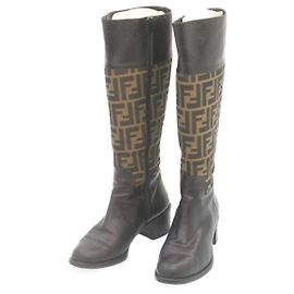FENDI Zucca Canvas long boots Leather Brown Black Auth ar6412 Brown Black