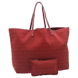 Fendi-FENDI Zucchino Canvas Tote Bag Red Auth ac572-Red