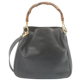 Gucci-GUCCI Bamboo Hand Bag Leather 2Way Shoulder Bag Black Auth ni086-Black