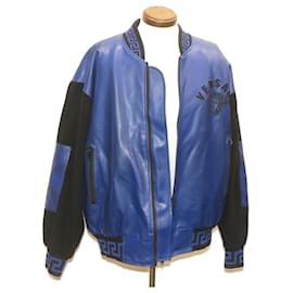Versace-VERSACE Classic V2 Leather Jacket Blue Black Auth ar6270-Black,Blue