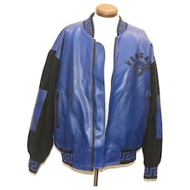 Versace-VERSACE Classic V2 Leather Jacket Blue Black Auth ar6270-Black,Blue