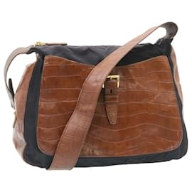 Prada-PRADA Shoulder Bag Nylon Leather Black Brown Auth fm1163-Brown,Black