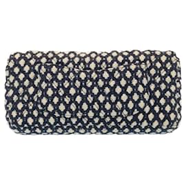 Chanel-CHANEL Flap Chain Matelasse Shoulder Bag Fabric Navy White CC Auth hs789-White,Navy blue