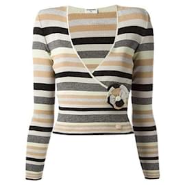 Chanel-Blusa / suéter Chanel Striped Camelia Flower-Preto,Multicor,Bege