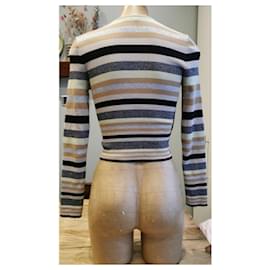 Chanel-Chanel Striped Camelia Flower top / sweater-Black,Multiple colors,Beige