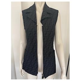 Fendi-Vintage 90's FENDI Zucca Sleeveless Dress Jacket Small Fendi Roma Jeans Fendi  Monogram-Black,Blue,Grey,Navy blue