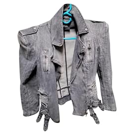Balmain-RRe jacket from the Decarnin collection of Balmain .  Motorcycle style with zippers and.belts throughtout-Grey