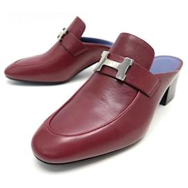 Hermès-NINE HERMES MULES SHOES WITH PARADISE HEELS 37.5 RED LEATHER BOX SHOES-Dark red