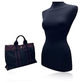 Hermès-Hermes Paris Vintage Black Burgundy Cotton Fourre Tout PM Tote Bag-Black