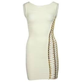 Herve Leger-Herve Leger Kassandra Vestido Bodycon Enfeitado em Seda Artificial Marfim-Branco,Cru