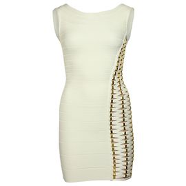 Herve Leger Kassandra Vestido Bodycon Enfeitado em Seda Artificial Marfim Branco Cru