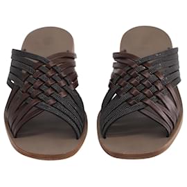 Brunello Cucinelli-Brunello Cucinelli Bead-Embellished Woven Slides in Brown Leather-Brown