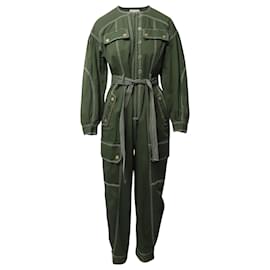 Ulla Johnson-Ulla Johnson Leo Contrast Stitching Jumpsuit in Green Cotton-Green,Khaki