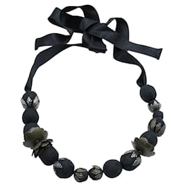 Marni-Black Beaded Necklace with Brass Leaves-Black