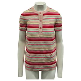 Chanel-Colorful Striped Short Sleeve Top with Buttons-Pink