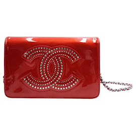 Chanel-Red Patent Leather Wallet on Chain with Crystal Embellishments-Red