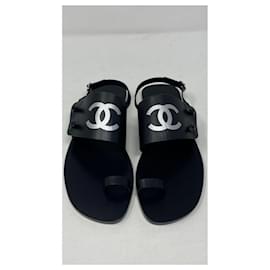 Chanel-Sandalia de dedo Chanel en piel negra TALLA 38,5-Negro