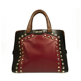Just Cavalli Black Red Brown Leather Large Studded Top Handles Grab bag Handbag Black Dark red