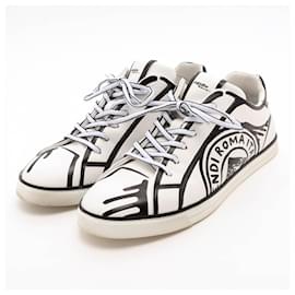 Fendi-Fendi Leather Sneakers 7 Men's White Trompe L'Oeil Stamp Leather Sneakers-White