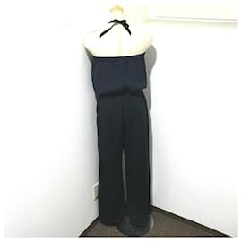 Chanel-[Used]  CHANEL Chanel P40727W04857 CC Coco Mark Bare  Top Wide Pants Neck Ribbon All-in-One Salopette Salopette  Linen Ladies Black Black x Navy-Black,Navy blue