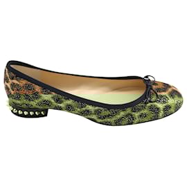 Christian Louboutin-Christian Louboutin La Massine Spiked Ballet Flats in Animal Print Canvas-Other