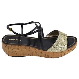 Miu Miu Ankle Strap Glitter Platform Sandals in Black Leather Black