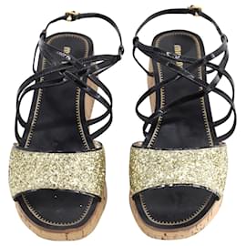 Miu Miu-Miu Miu Ankle Strap Glitter Platform Sandals in Black Leather-Black