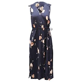 Vince-Vince Waist-gathered Pleated Floral Dress in Navy Blue Polyester-Blue,Navy blue