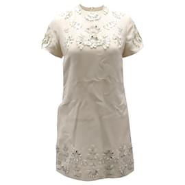 Valentino-Valentino San Gallo Couture Verziertes gerade geschnittenes Kleid aus elfenbeinfarbener Wolle-Weiß,Roh