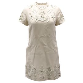 Valentino San Gallo Couture Embellished Shift Dress in Ivory Wool White Cream