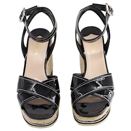 Prada-Prada Ankle Strap Espadrille Wedges in Black Patent Leather-Black
