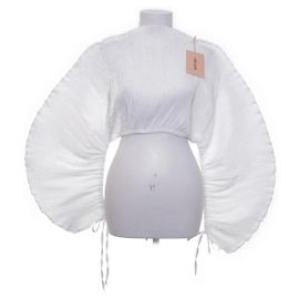 Cult Gaia Mala plisse pleated ruched ruffle sleeves crop top White