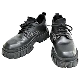 Fendi-Fendi Sneakers Force Lace-up FENDI Men's Zucca Shoes Rubber Sole Thick Bottom Leather Shoes 7 Size-Black