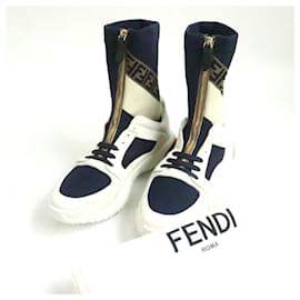Fendi-Fendi Fila collaboration center zip leather combination Zucca socks sneakers / high cut shoes 7 men-Dark blue