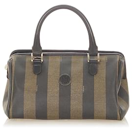 Fendi-Fendi Brown Pequin Canvas Sac à main-Marron,Noir