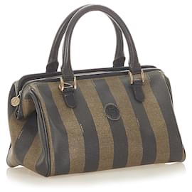 Fendi-Fendi Brown Pequin Canvas Sac à main-Marron,Noir