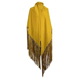 Hermès-Hermes Vintage Yellow Cashmere and Wool Scarf with Leather Fringes-Yellow