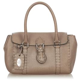 Fendi-Fendi Brown Mini Selleria Linda Sac à main en cuir-Marron,Taupe