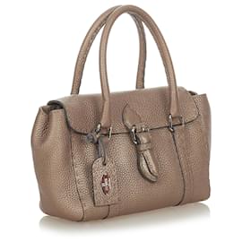 Fendi-Fendi Brown Mini Selleria Linda Sac à main en cuir-Marron,Taupe