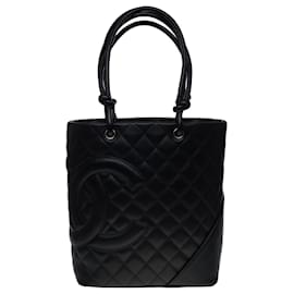 Chanel-Beautiful Chanel Cambon shopping bag in black quilted lambskin, Garniture en métal argenté-Black