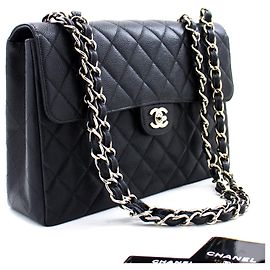 CHANEL Borsa a mano classica grande con catena e tracolla con patta in caviale nero Nero