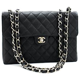 Chanel-CHANEL Grand sac à main classique chaîne sac à bandoulière rabat noir caviar-Noir