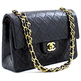 Chanel-Chanel 2.55 Borsa a tracolla piccola a catena con patta foderata Pelle di agnello nera-Nero