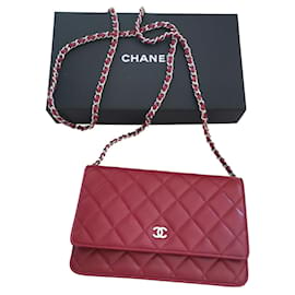 Chanel-Carteira Chanel Red Lambskin em Chain SHW-Vermelho